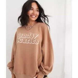 Aerie The Chill Sunday Scaries Sweatshirt Tan White Small